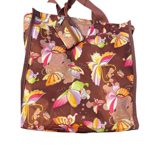 Butterfly Print Brown Tote Bag Zip Top Easy Wipe Clean Lunch Diaper Coin Purse - Picture 2 of 7